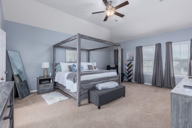 bedroom featuring ceiling fan and light colored carpet