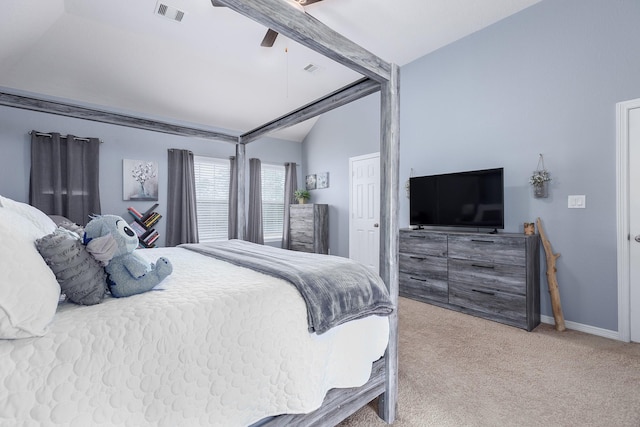 carpeted bedroom with ceiling fan and lofted ceiling