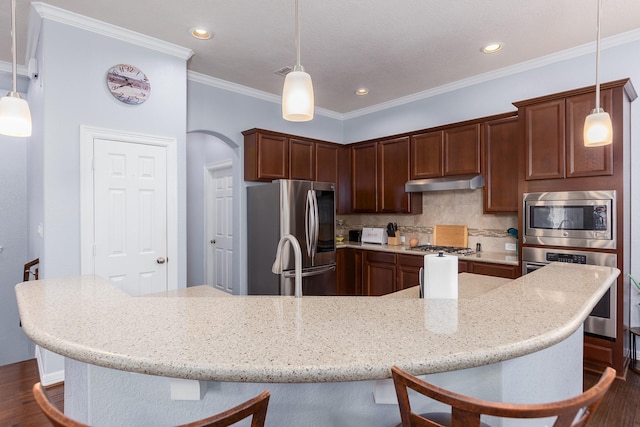 kitchen with decorative backsplash, appliances with stainless steel finishes, ornamental molding, decorative light fixtures, and dark hardwood / wood-style floors