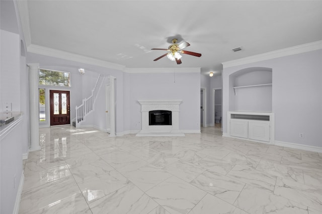 unfurnished living room with ceiling fan and crown molding