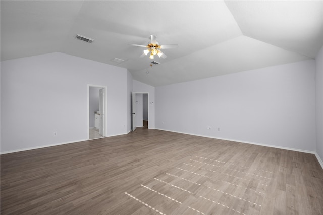 bonus room featuring wood-type flooring, ceiling fan, and lofted ceiling