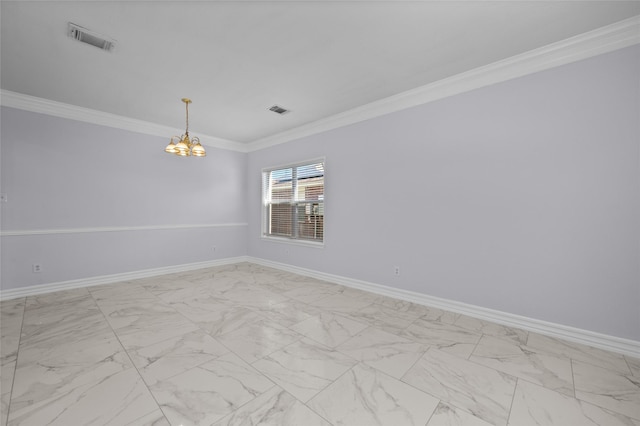 spare room with an inviting chandelier and ornamental molding