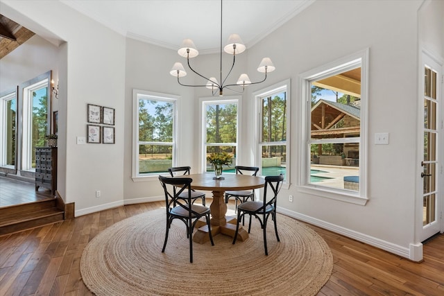 dining space featuring a wealth of natural light, hardwood / wood-style floors, and an inviting chandelier