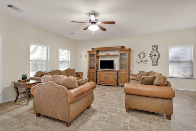 living room with ceiling fan