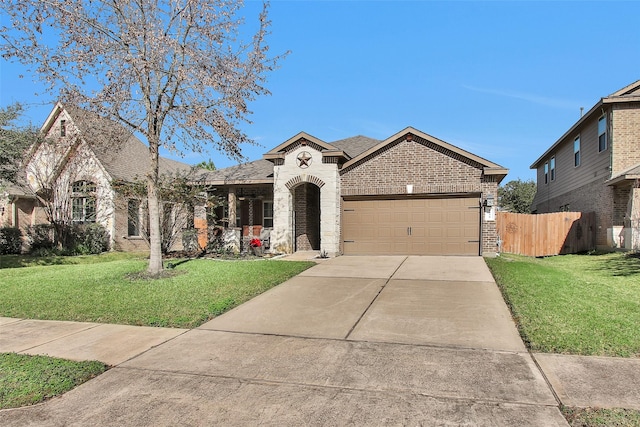 french provincial home featuring brick siding, concrete driveway, a front yard, and fence