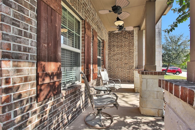 view of patio / terrace featuring ceiling fan and covered porch