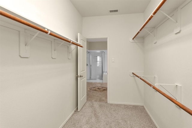 walk in closet with light colored carpet