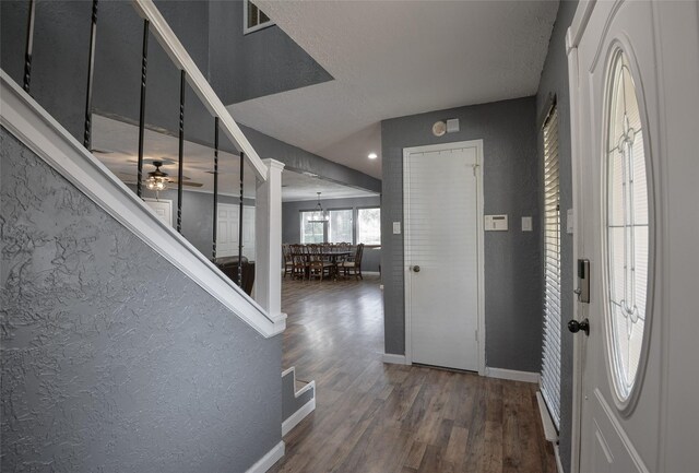 entryway with a textured ceiling, dark hardwood / wood-style flooring, and ceiling fan with notable chandelier