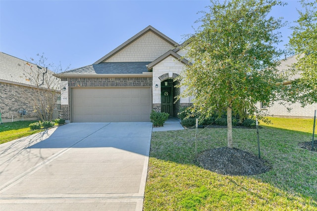 view of front of home with a front yard and a garage