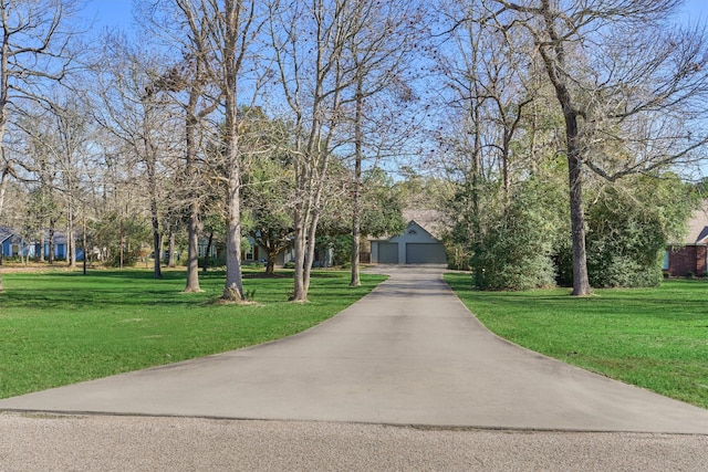 view of community featuring a lawn and a garage