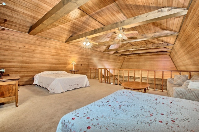 bedroom with wooden walls, carpet flooring, vaulted ceiling with beams, ceiling fan, and wood ceiling