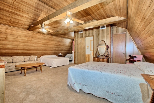 bedroom with wooden walls, carpet flooring, ceiling fan, beam ceiling, and wood ceiling