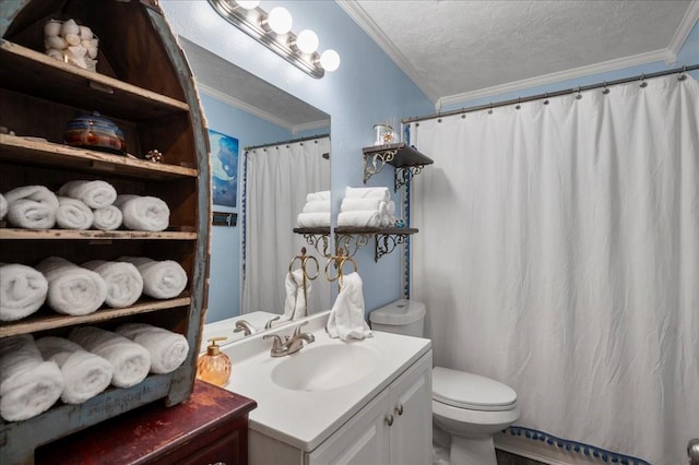 bathroom featuring vanity, a textured ceiling, toilet, and ornamental molding