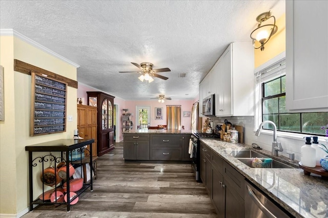 kitchen featuring white cabinets, sink, appliances with stainless steel finishes, dark hardwood / wood-style flooring, and light stone counters