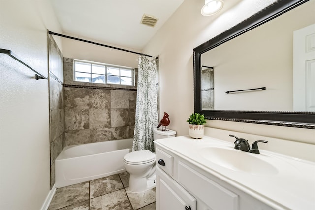 full bathroom with vanity, shower / bathtub combination with curtain, and toilet