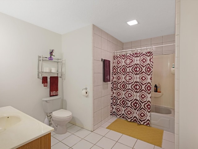 full bathroom with vanity, shower / bath combo, tile patterned flooring, toilet, and a textured ceiling