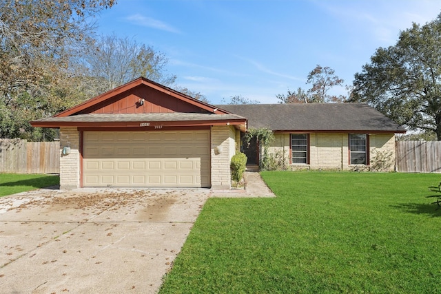 ranch-style home featuring a front yard and a garage