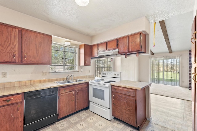 kitchen featuring kitchen peninsula, a wealth of natural light, white range with electric stovetop, sink, and black dishwasher