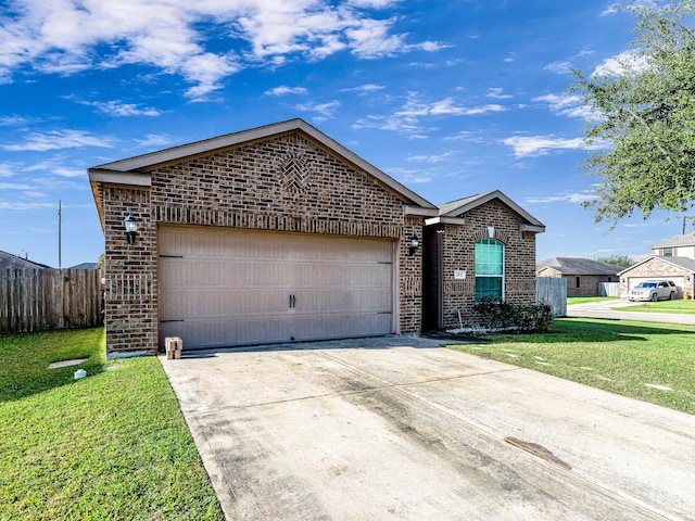 ranch-style home featuring a garage and a front yard