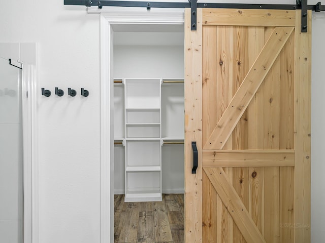 spacious closet with a barn door and wood-type flooring