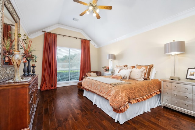 bedroom with dark hardwood / wood-style flooring, lofted ceiling, ornamental molding, and ceiling fan