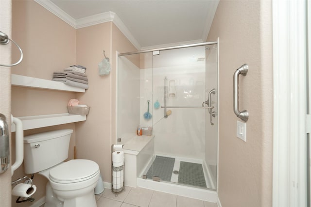 bathroom featuring tile patterned floors, toilet, crown molding, and walk in shower