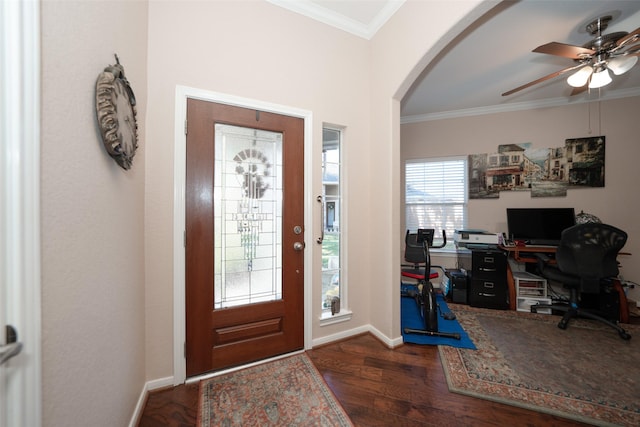 entryway featuring ceiling fan, dark wood-type flooring, and ornamental molding