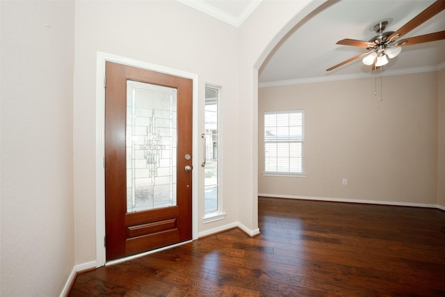 entryway with ceiling fan, ornamental molding, and dark hardwood / wood-style flooring