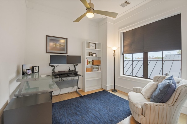 living area featuring ceiling fan and light hardwood / wood-style flooring