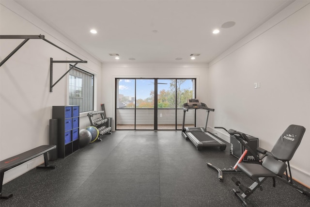 workout area with crown molding and plenty of natural light