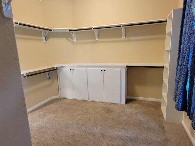 walk in closet with light carpet