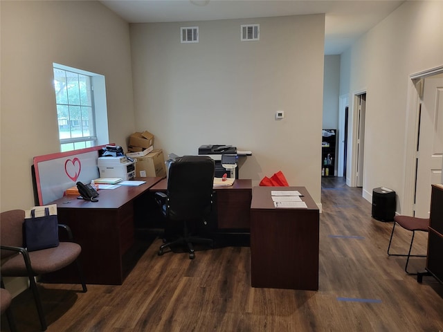 office area with dark hardwood / wood-style flooring