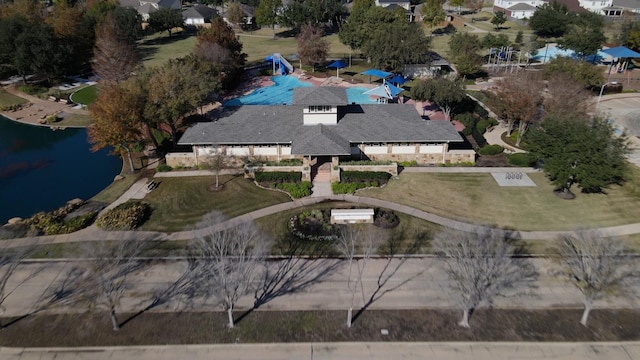 aerial view featuring a water view