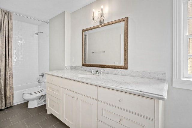 full bathroom with shower / tub combo, vanity, toilet, and tile patterned floors