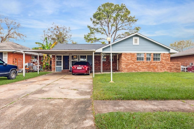 ranch-style house with a front yard and a carport