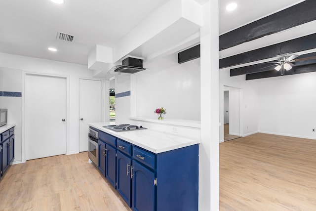 kitchen with oven, light hardwood / wood-style flooring, ceiling fan, blue cabinetry, and gas cooktop