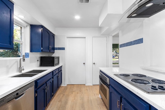 kitchen with blue cabinetry, sink, stainless steel appliances, and light wood-type flooring