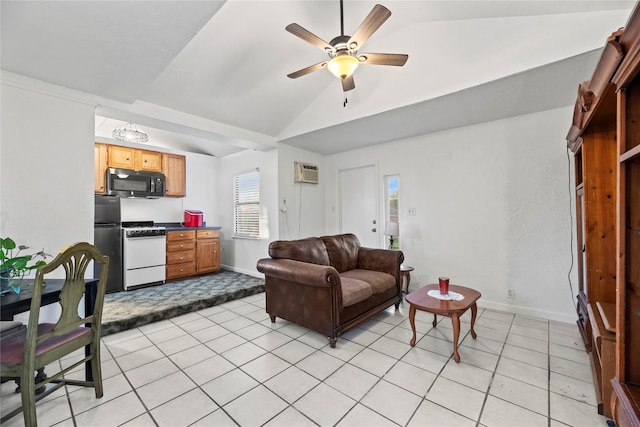 tiled living room with lofted ceiling, an AC wall unit, and ceiling fan