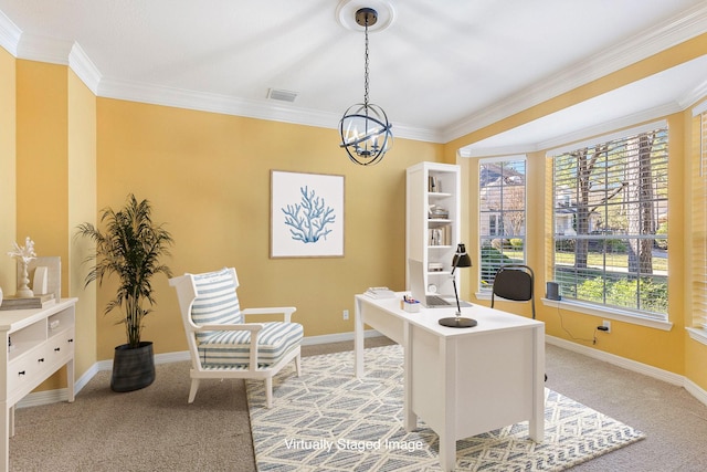 carpeted home office featuring an inviting chandelier and ornamental molding