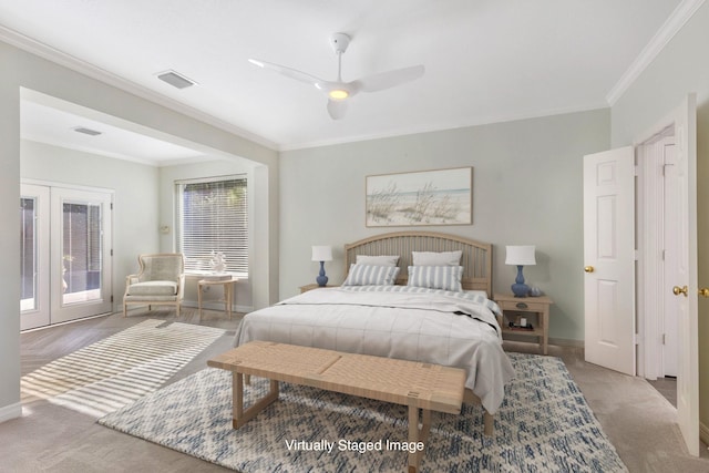 bedroom with access to exterior, ceiling fan, french doors, crown molding, and carpet