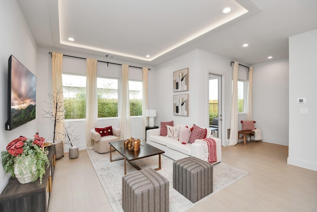 living room with light wood-type flooring and a tray ceiling