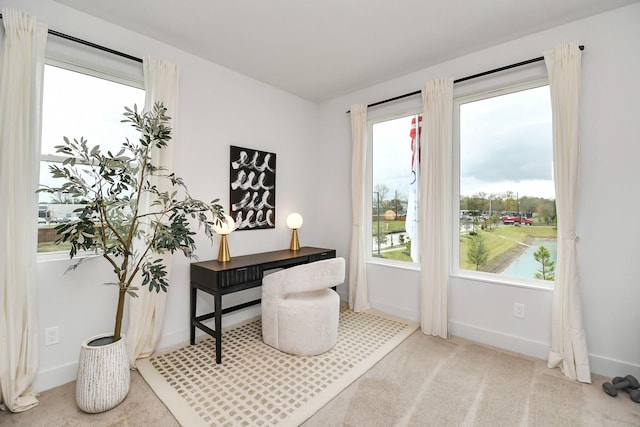 carpeted office featuring a water view