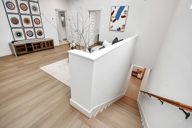 stairway with hardwood / wood-style floors