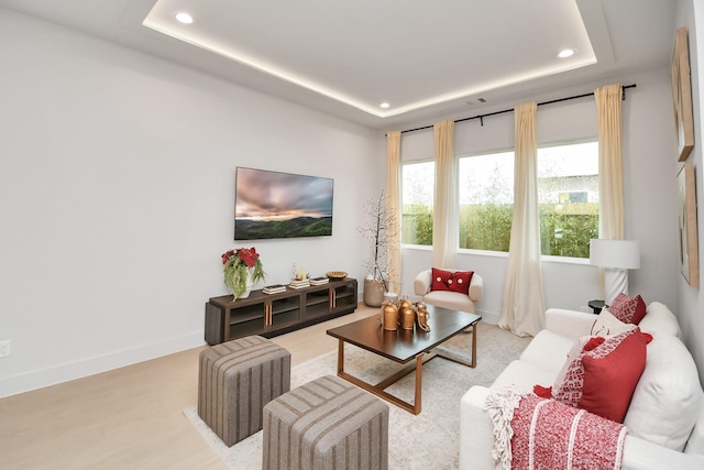 living room featuring a raised ceiling and light wood-type flooring