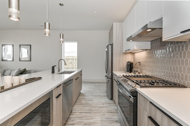 kitchen with decorative backsplash, appliances with stainless steel finishes, ventilation hood, sink, and pendant lighting