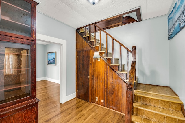 stairway with hardwood / wood-style floors