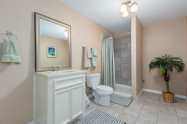 bathroom with tile patterned floors, vanity, toilet, and walk in shower