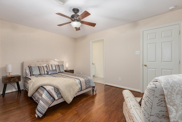 bedroom featuring ceiling fan and dark wood-type flooring