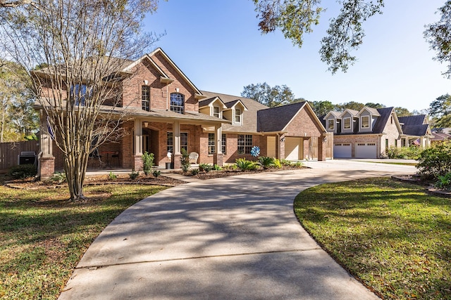 craftsman-style home with a front lawn, covered porch, and a garage