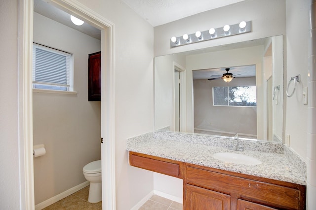 bathroom with ceiling fan, tile patterned flooring, vanity, and toilet